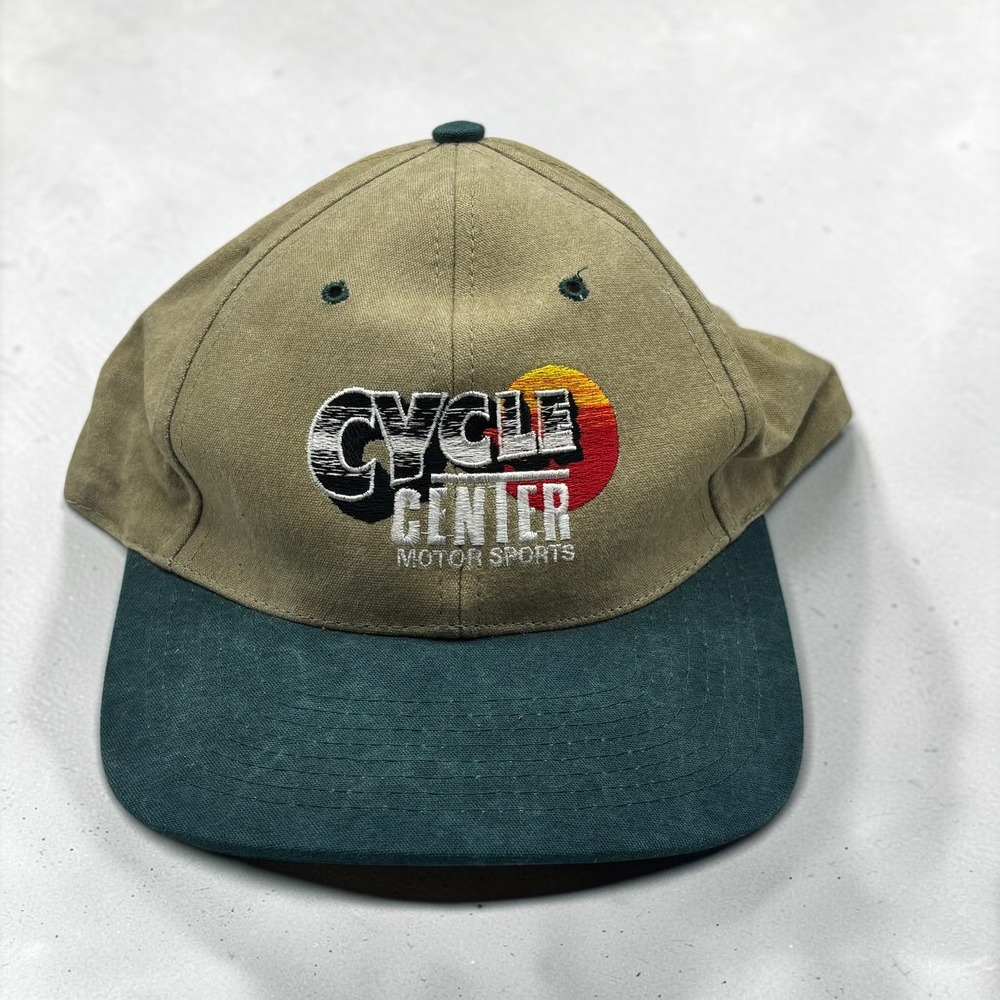 Vintage Hat Nissun OSFA Tan Green Cotton Cycle Center Motor Sports Embroidery
